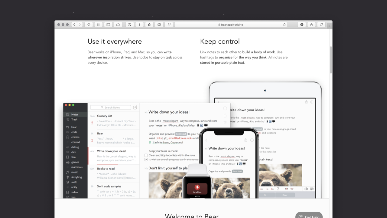 Landing page of the Bear App Website